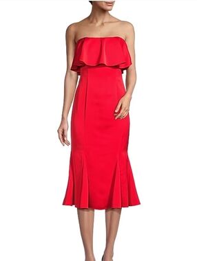 Liv Foster Crepe Back Satin Red Strapless Cocktail Formal Glam Midi Dress Size 4